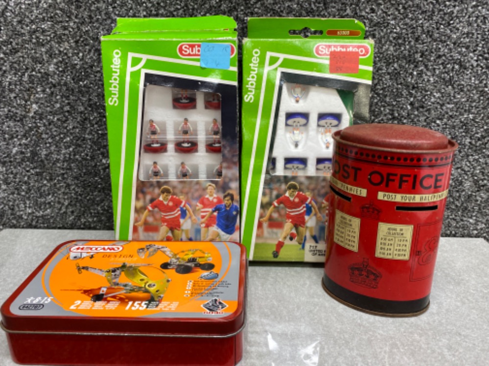 Vintage tin novelty post office money box together with a Meccano set & 2x boxed Subbuteo football