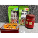 Vintage tin novelty post office money box together with a Meccano set & 2x boxed Subbuteo football