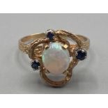 Ladies 9ct yellow gold opal and sapphire ornate ring size Y 5.2g gross