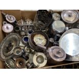 Box of miscellaneous silver plated items to include lidded pots, toast rack, candle sticks etc