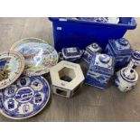 Box containing a large quantity of blue & white Ringtons tea China