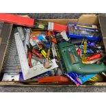 Box of miscellaneous tools & accessories including Bosch power drill, screwdrivers & pliers etc