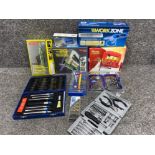 Box containing boxed tools & accessories including Bosch screwdriver, modelling kit, power devil