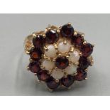 Ladies 9ct yellow gold garnet and opal cluster ring size M 5g gross