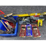 Box containing miscellaneous hand tools including saws, hammer, tool boxes & brush sets