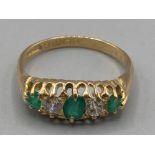 Ladies 18ct yellow gold emerald and diamond five stone ring size Q 3.8g gross