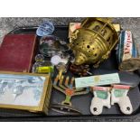 Tray of miscellaneous including paperweights, boxes, Persian style hanging, brass light etc