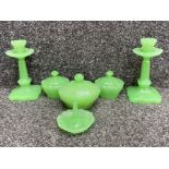 Uranium glass dressing table set of candlesticks, ring holder, 2 small & 1 large lidded pots