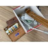 Box containing wooden easel & artists paint box with paints, also includes a contemporary desk lamp