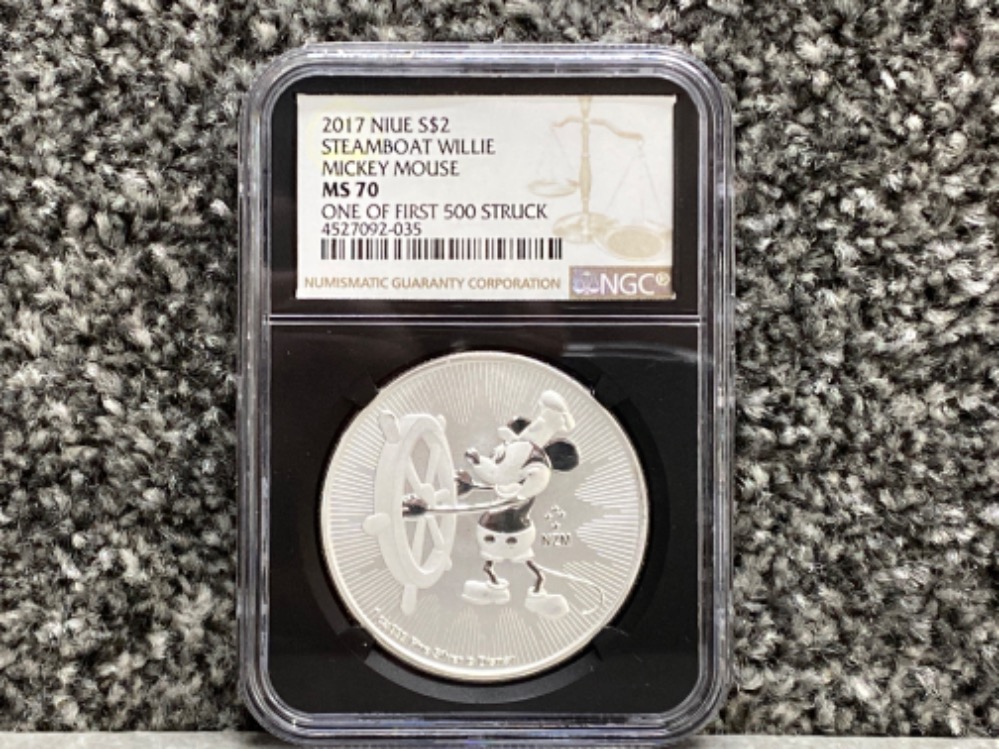 999 fine silver Disney 2017 Niue two dollars coin (steam boat Willie Mickey Mouse) In protective