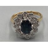 Ladies 18ct yellow gold sapphire and diamond cluster ring size M 5g gross