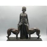 Bronze female with 2 greyhound’s with foundry mark “Bronze Garanti Paris J.B Deposse” stamped