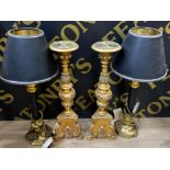 Pair of large gilt resin candlesticks & pair of Table lamps with shades