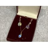 Austrian crystal & silver drop earrings with Austrian crystal drop pendant & gold chain (B’ring gold