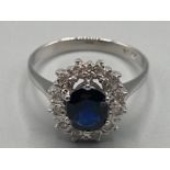 Ladies 14ct white gold sapphire and diamond cluster ring size P 3.1g gross