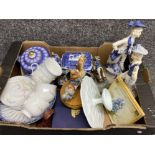 Box containing Ringtons tea pots & miscellaneous ornaments