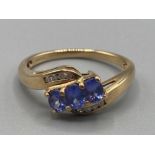 Ladies 9ct yellow gold tanzanite and diamond ring size M 2.5g gross