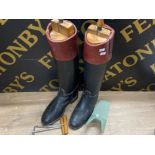 Pair of riding boots with vintage wooden boot stretchers & jack etc