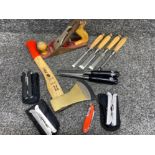 Job lot of hand tools including Powerfix axe, chisels, multi tools & Acorn plane etc