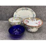 Haviland Limoges meat platter with two antique console or fruit bowls plus large cobalt glass bowl