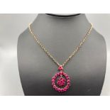 Ladies antique 14ct yellow gold red stone cluster pendant on 9ct belcher chain (30cm long) 17g