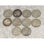 Total of 8 UK three-pence silver coins all with reverse showing 3x crossed springs of oak dated