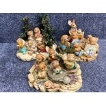 Total of 14 hand painted Pendelfin rabbits together with 3x display stands (dock, pebble & camping