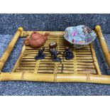 Chinese bamboo twin handled tray together with Terracotta teapot, bowl, minature with lid & 3 karate