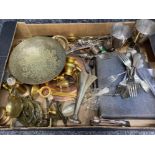 Box containing vintage brassware & silver plated cutlery etc