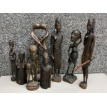 Total of 8 African (tribal) figured carvings including Masai warrior