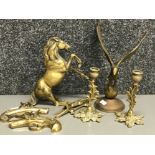 7 vintage brass items including heavy rearing horse, eagle, crocodile nutcracker, pair of