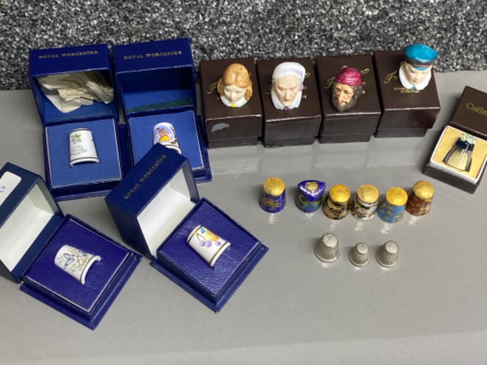 Collection of thimbles including Caithness, 6x cloisonné, 4x Royal Worcester & 4 character