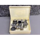 Box of 8 pewter collectables, 2 trinket boxes, teddy tooth box, Alnwick mug & 4 thimbles