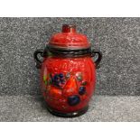 Large West German Rumtopf lidded twin handled pot (red lava with fruit design) height 32cm