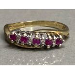 9ct yellow gold Ruby & Diamond half hoop ring, size L1/2, 2g gross