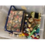 Vintage sewing basket with contents plus a large quantity of loose sewing accessories