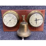 Mounted ships brass Weathermaster tide clock & barometer with large brass bell - 50x27cm