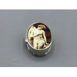 On oval shaped pill box with nude enamel panel 19.28g gross