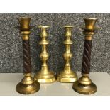 Pair of vintage solid brass candlesticks, height 26.5cm plus one other pair height 30.5cm