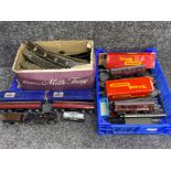 Large quantity of model railway track together with Hornby & Tri-ang carriages etc