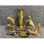 Selection of vintage brass items, including large vase on wooden plinth, iron & ornaments