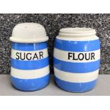 Blue & white Cornishware sugar shaker & flour pot (missing lid)