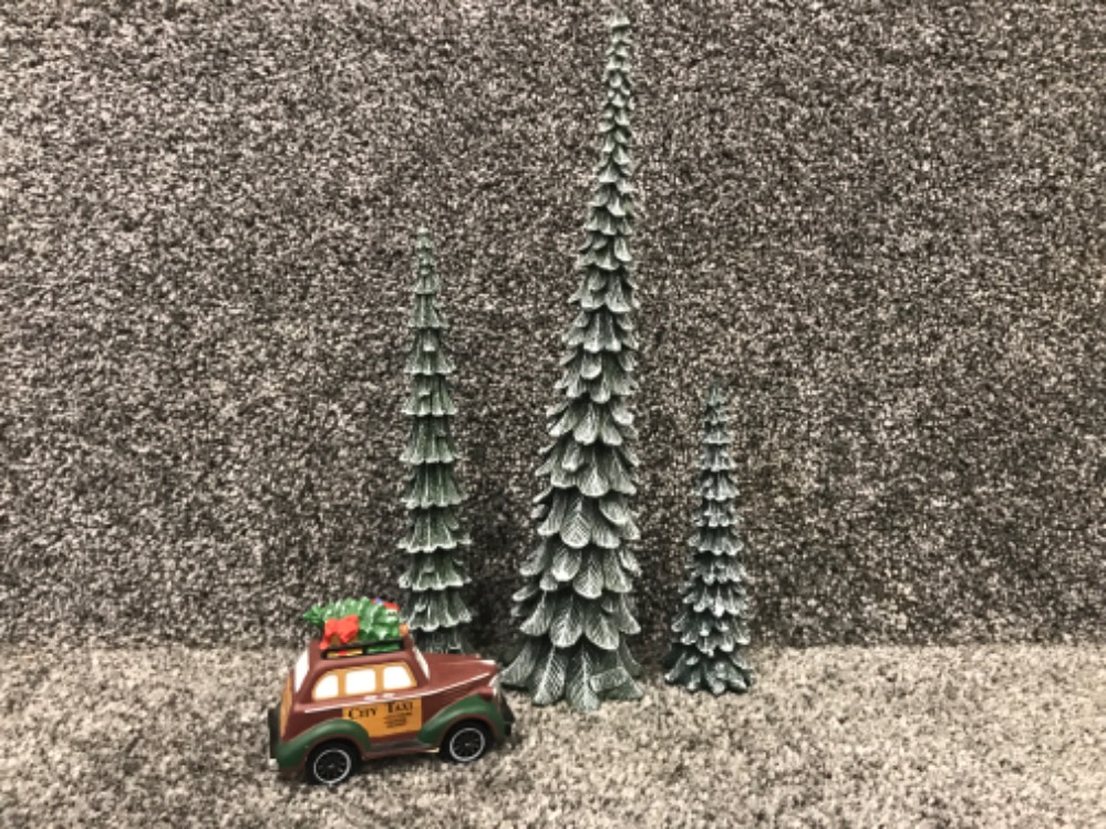 2 pieces from the heritage village collection including city taxi and pencil pines both in