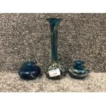 3 mdina glass vases including 2 squat vases and one with elongated neck sand and sea design