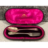 Antique hallmarked London silver two piece spoon & fork set dated 1892 & 1897, with original box,