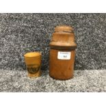 Vintage exotic hardwood tobacco jar together with vintage shot glass with original treen