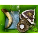 Box lot containing large ceramic vintage cheese dish, horn, metal money box with key, also