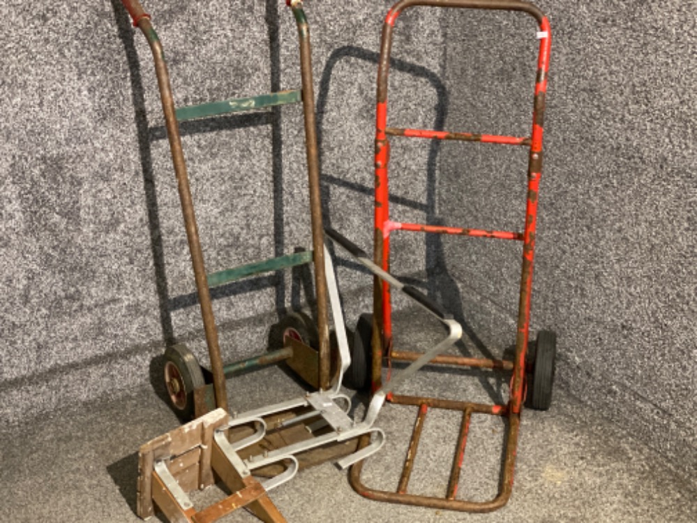 2x vintage metal sack barrows together with 2x ladder fittings (racks)