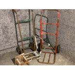 2x vintage metal sack barrows together with 2x ladder fittings (racks)