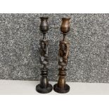 Vintage pair of west African hand-carved ebony wooden candlesticks - with figured centres, height